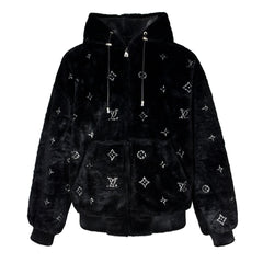 Rhinestones fur zip-up hooded jacket