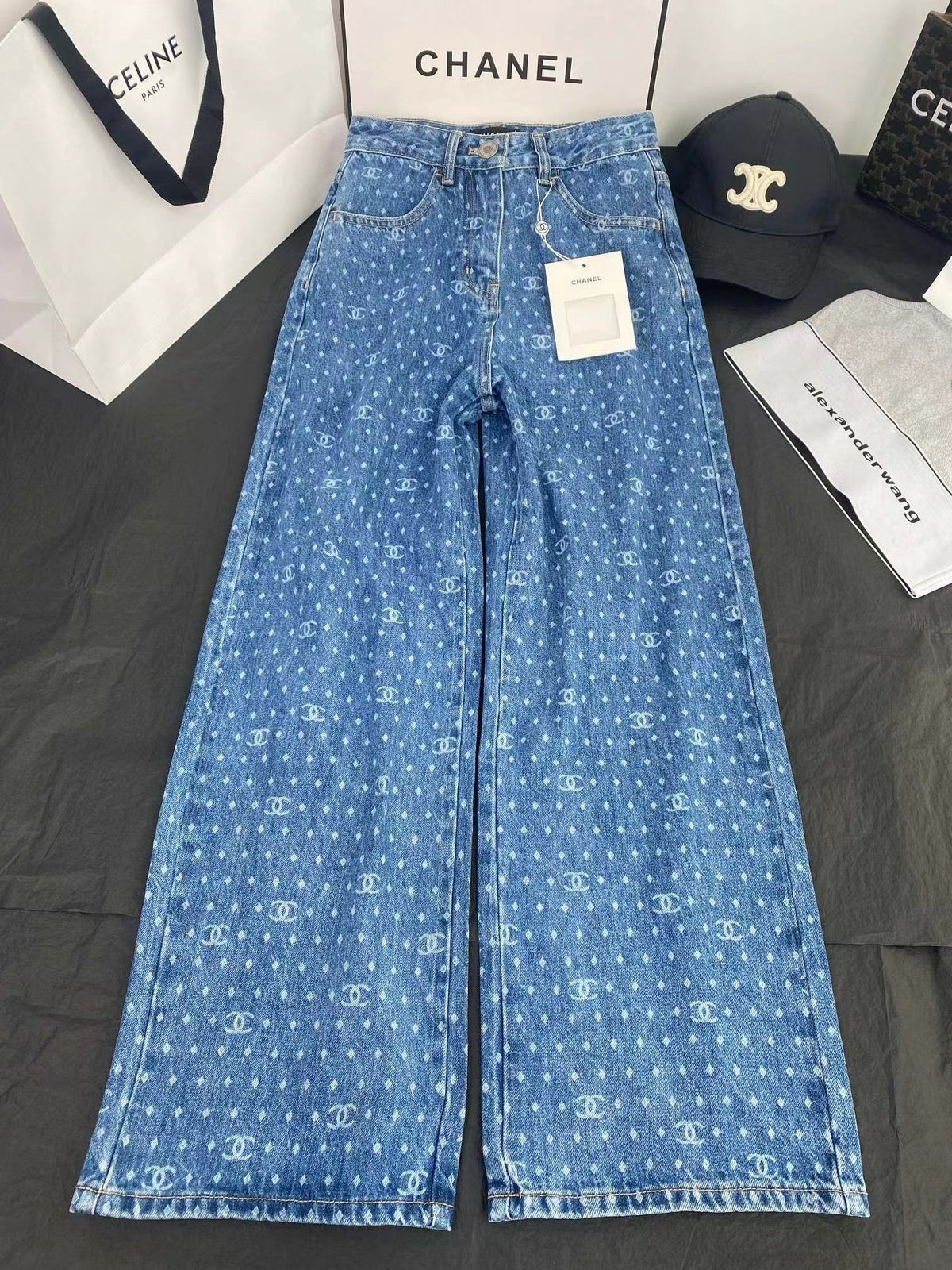 Polka dot logo print wide-leg straight-leg jeans