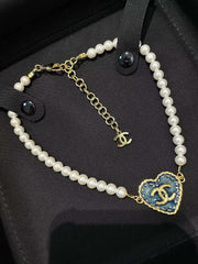 new blue heart-shaped pendant pearl necklace