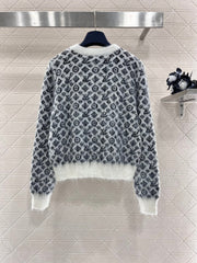 crew neck jacquard knitted cardigan