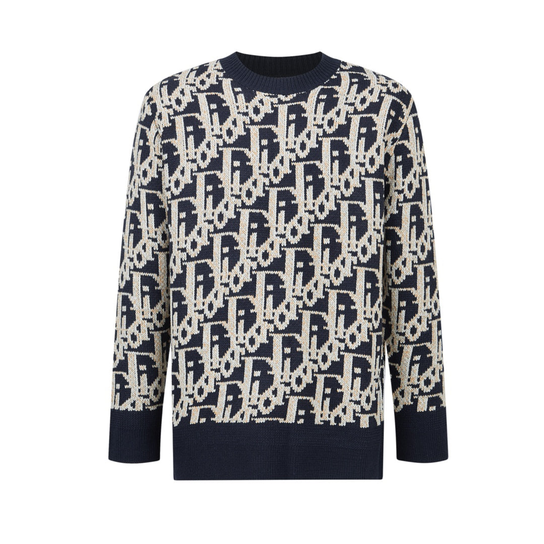 Crew Neck All Over Print Wool Yarn Sweater