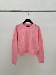 New Solid Simple Knit Crew Neck Twisted Flower Long Sleeve Pullover Sweater