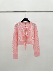 New Pure colour simple tie bow knitted twisted flower round neck long sleeve cardigan jacket