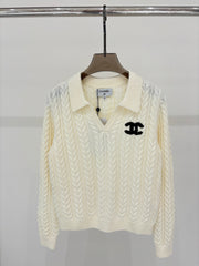 Autumn and winter new lapel three-dimensional logo jacquard simple loose knit top!