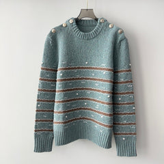 Autumn and winter new colour clashing cashmere shoulder button round neck jumper