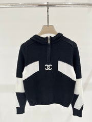 Autumn and winter new colour blocking drill button zip knit hooded jumper Jacket