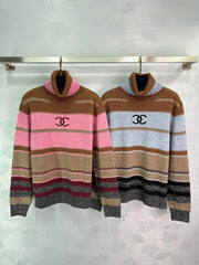 New colour-blocked striped letter jacquard knit turtleneck crochet knit long sleeve pullover jumper