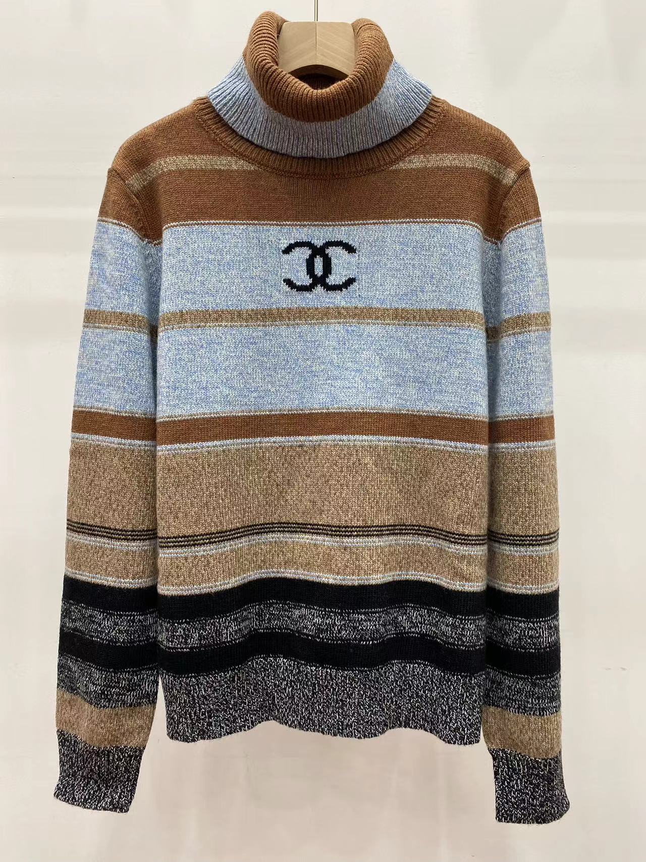 New colour-blocked striped letter jacquard knit turtleneck crochet knit long sleeve pullover jumper