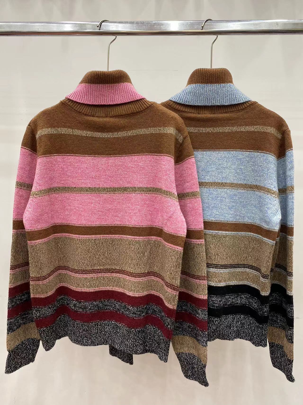 New colour-blocked striped letter jacquard knit turtleneck crochet knit long sleeve pullover jumper