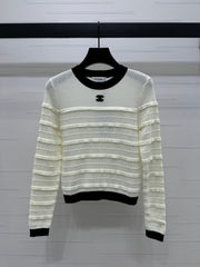 New colour clashing knitted lace round neck pullover long sleeve jumper