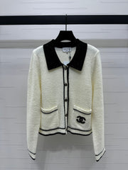 White lapel long sleeve cardigan