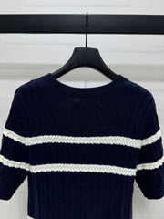 Letter jacquard striped twisted round neck knitted short sleeves