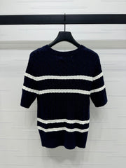 Letter jacquard striped twisted round neck knitted short sleeves