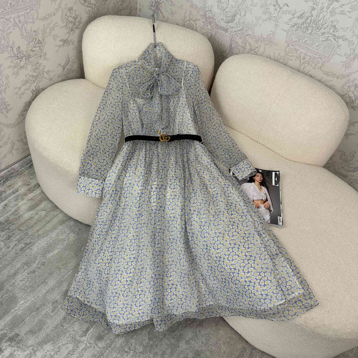 Tencel chiffon digital printed fashionable long-sleeved ribbon dress