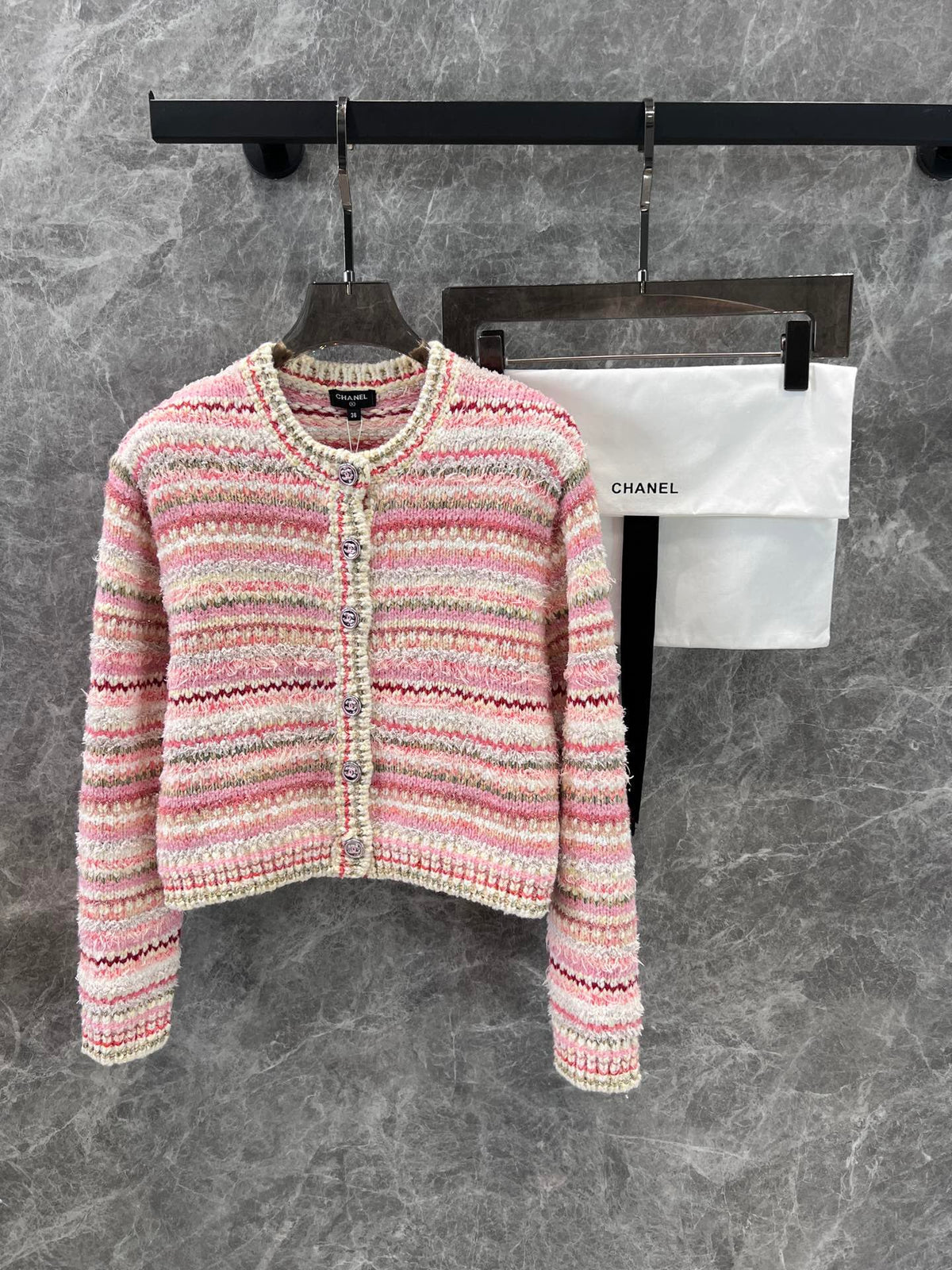 Pink striped crew neck knitted cardigan