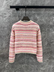 Pink striped crew neck knitted cardigan