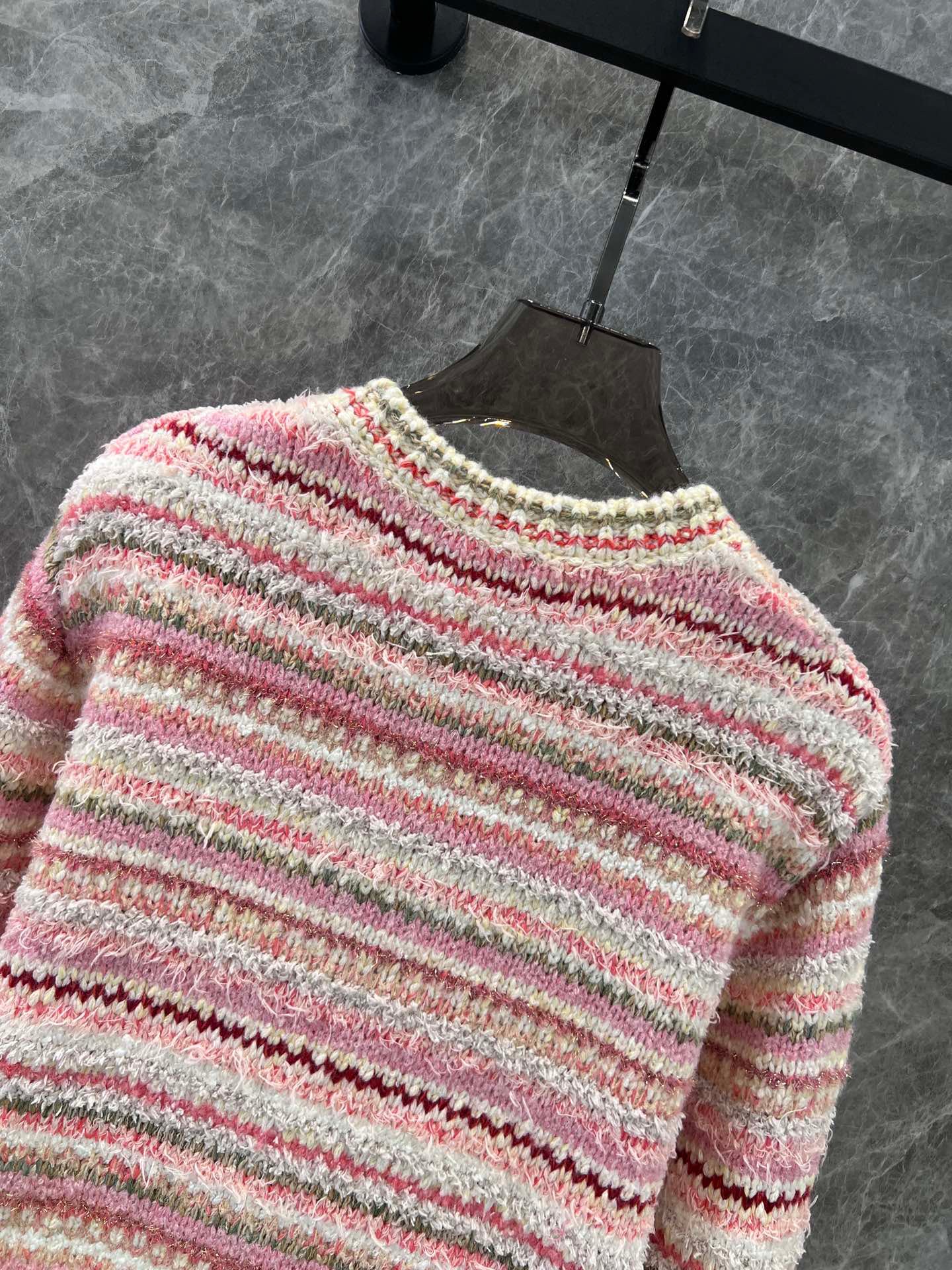 Pink striped crew neck knitted cardigan