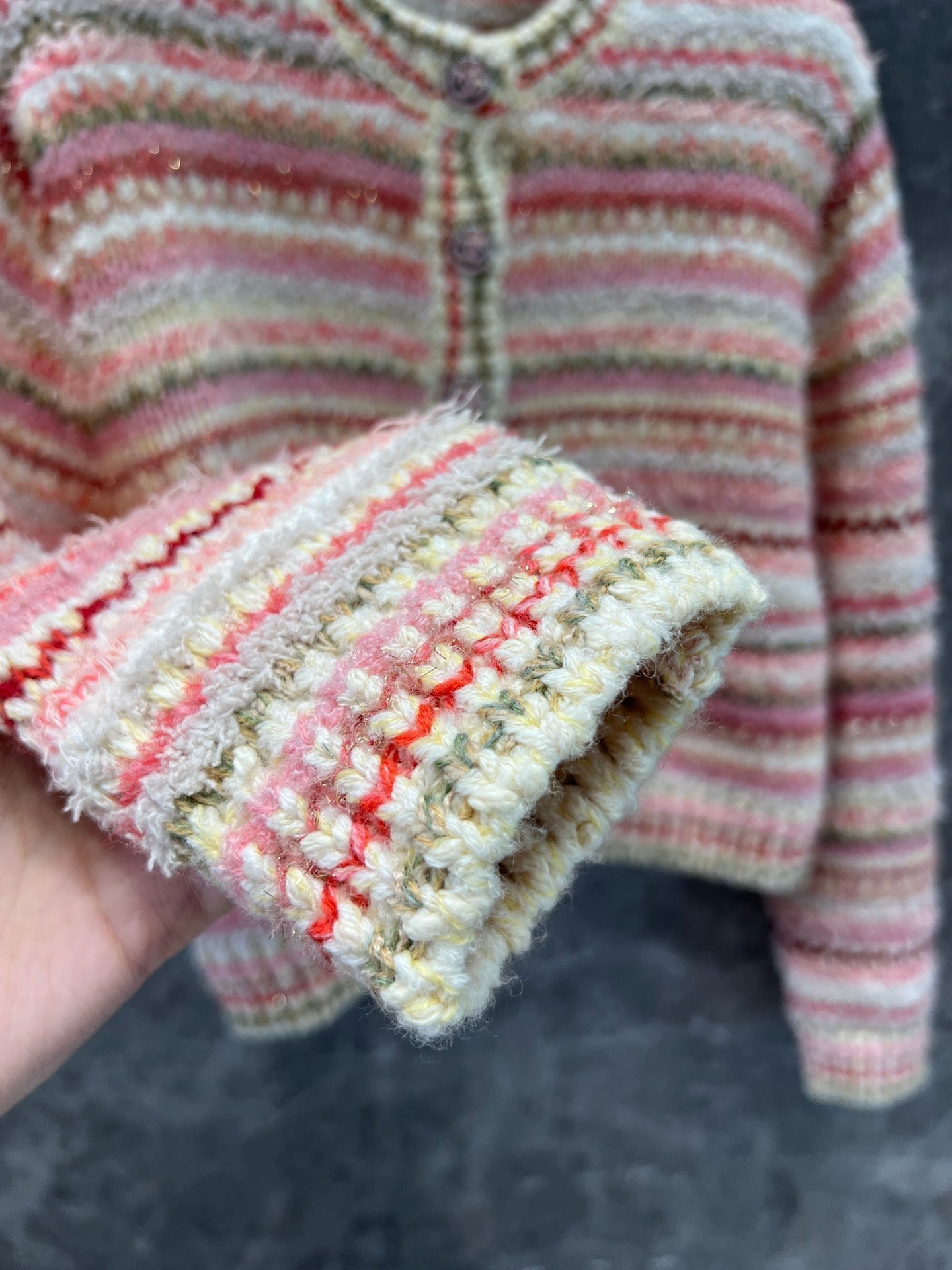 Pink striped crew neck knitted cardigan