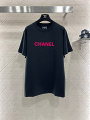 Round neck flocked letter short-sleeved T-shirt