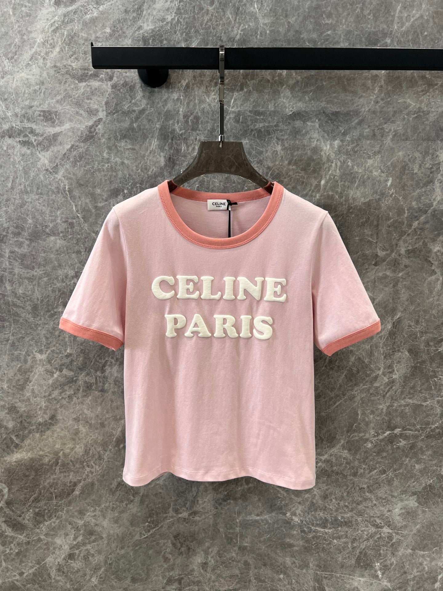 Foaming letter print round neck short sleeve T-shirt