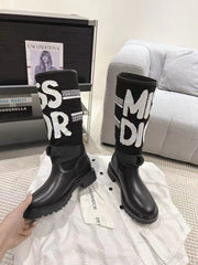 Poster style electric embroidery color block letters logo round toe mid-calf women's boots