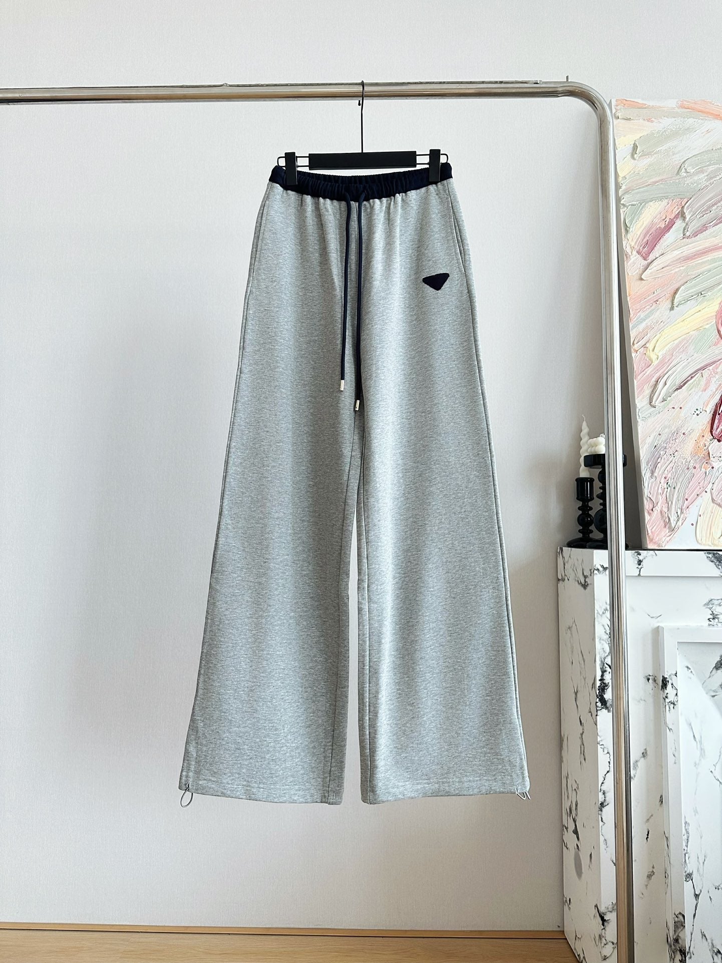 Triangle stitching high waist elastic waist drawstring casual sports wide leg pants