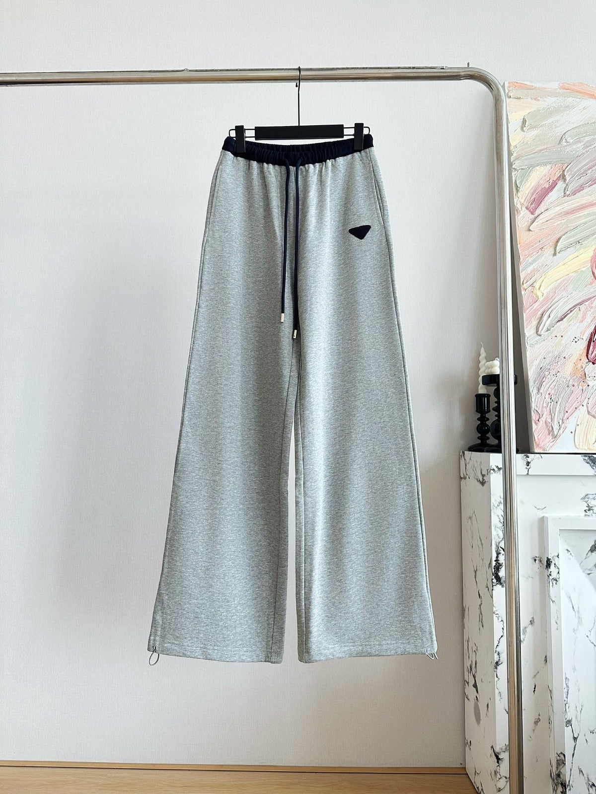 Triangle stitching high waist elastic waist drawstring casual sports wide leg pants