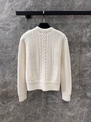 New Solid Simple Knit Crew Neck Twisted Flower Long Sleeve Pullover Sweater