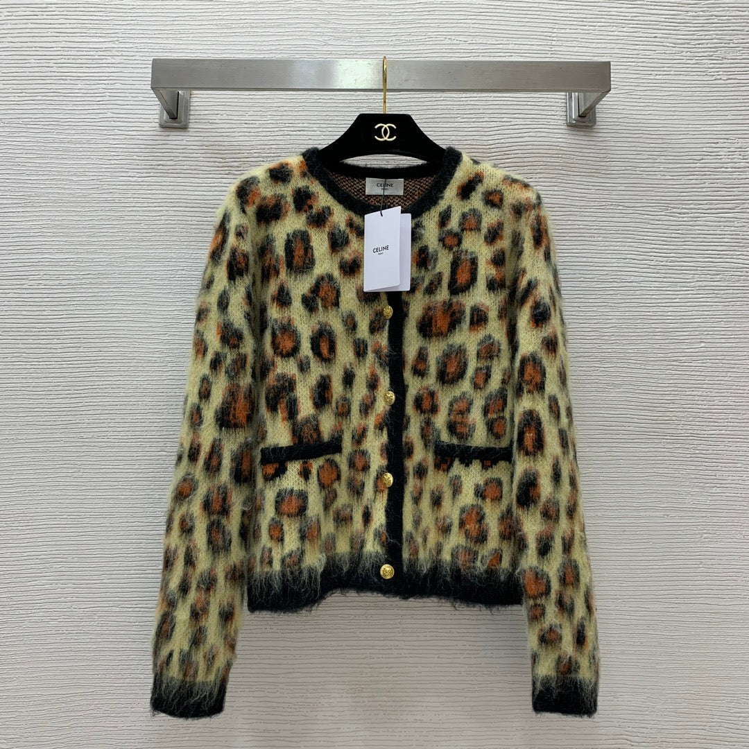 Leopard print crew neck cardigan