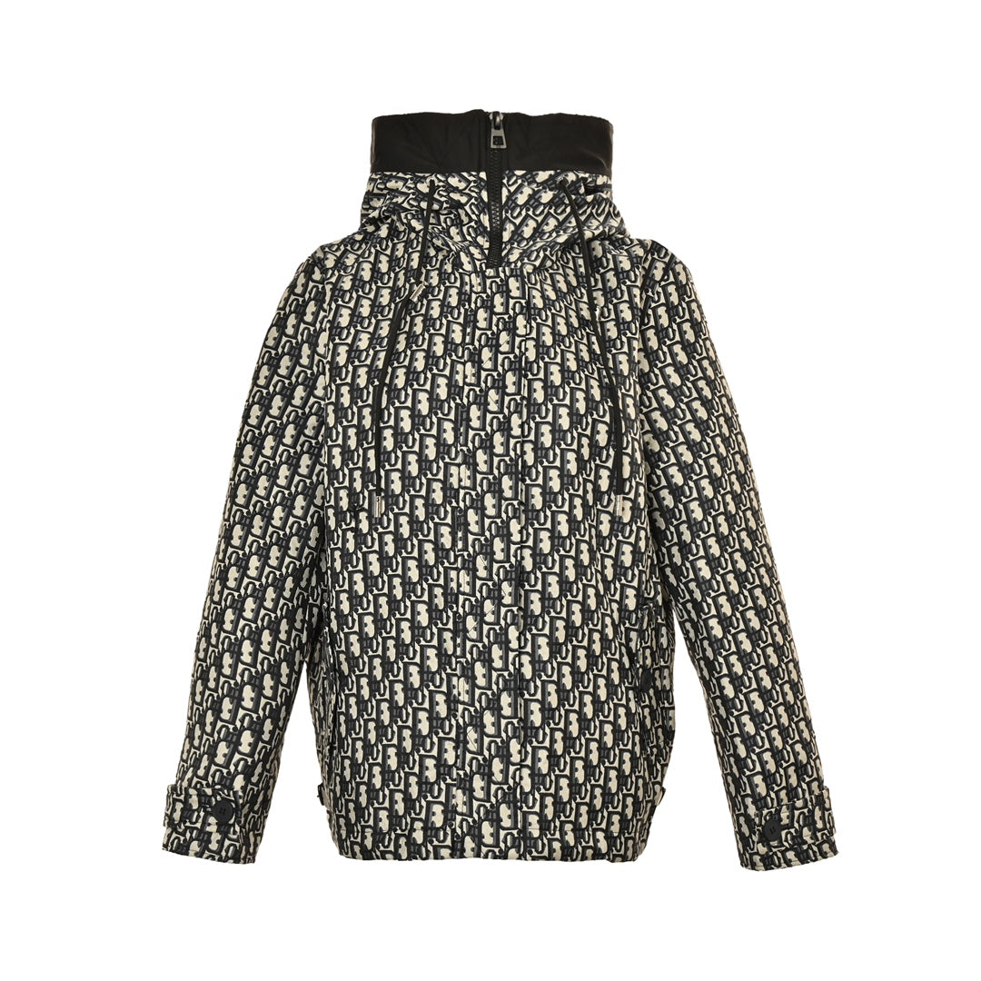 Monochrome jacquard zip-up hooded jacket