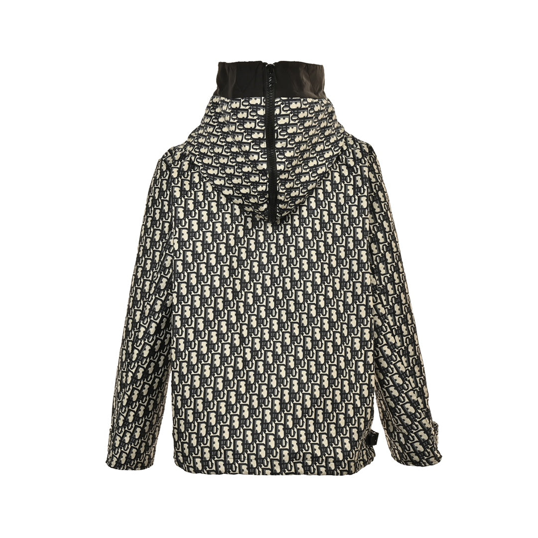 Monochrome jacquard zip-up hooded jacket