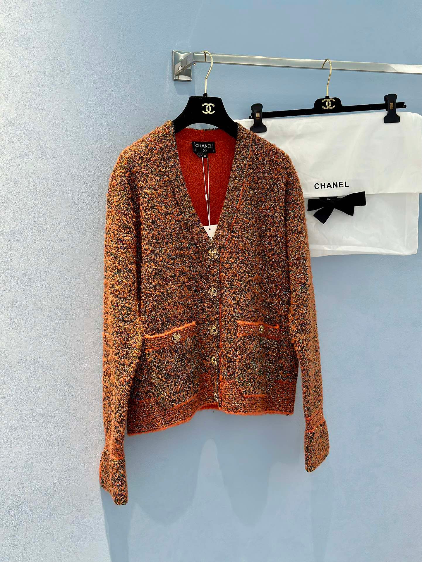 Retro orange horseshoe sleeve heavy sequin knitted cardigan jacket