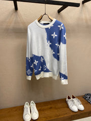 Blue and white contrast classic monogram knitted pullover sweater