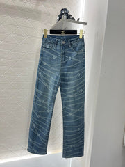 Retro laser chain print denim straight pants