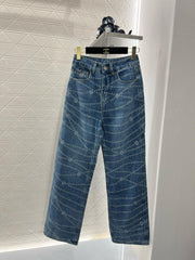 Retro laser chain print denim wide leg pants