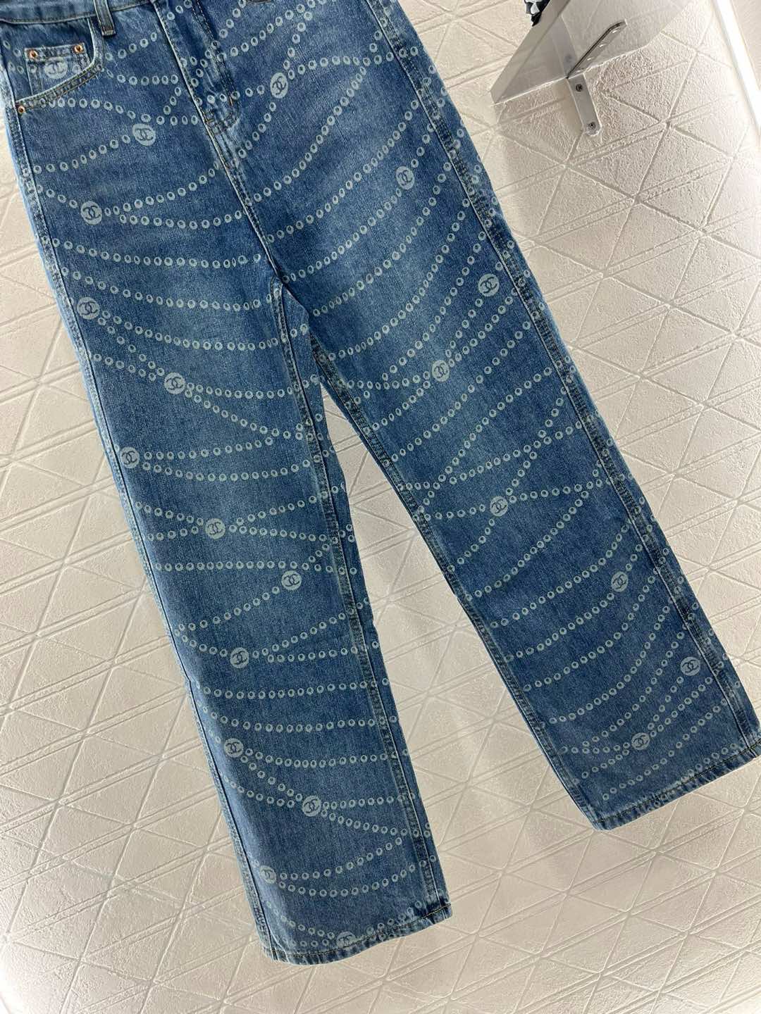 Retro laser chain print denim wide leg pants