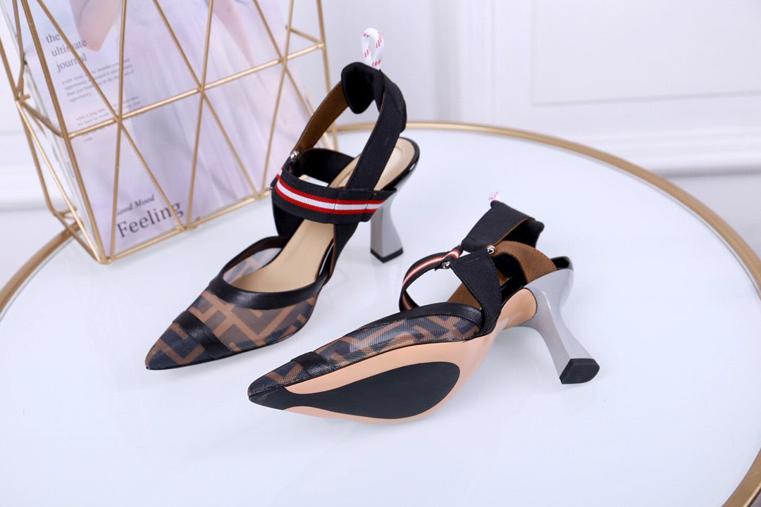 Brand logo word silk film mesh high heel sandals