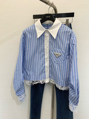 Water-soluble lace lapel striped short shirt