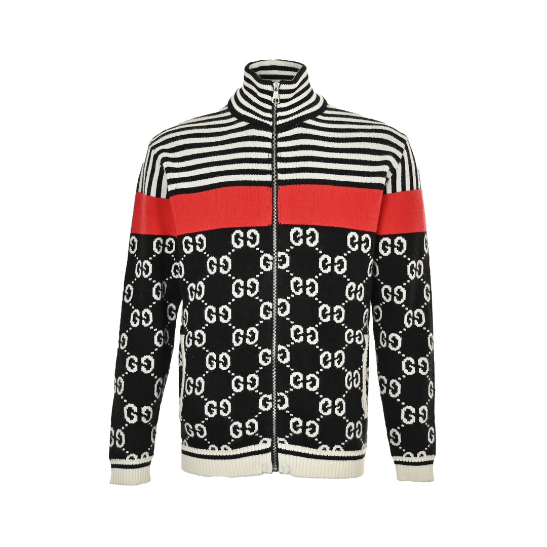 Double G jacquard striped patchwork zipper sweater jacket