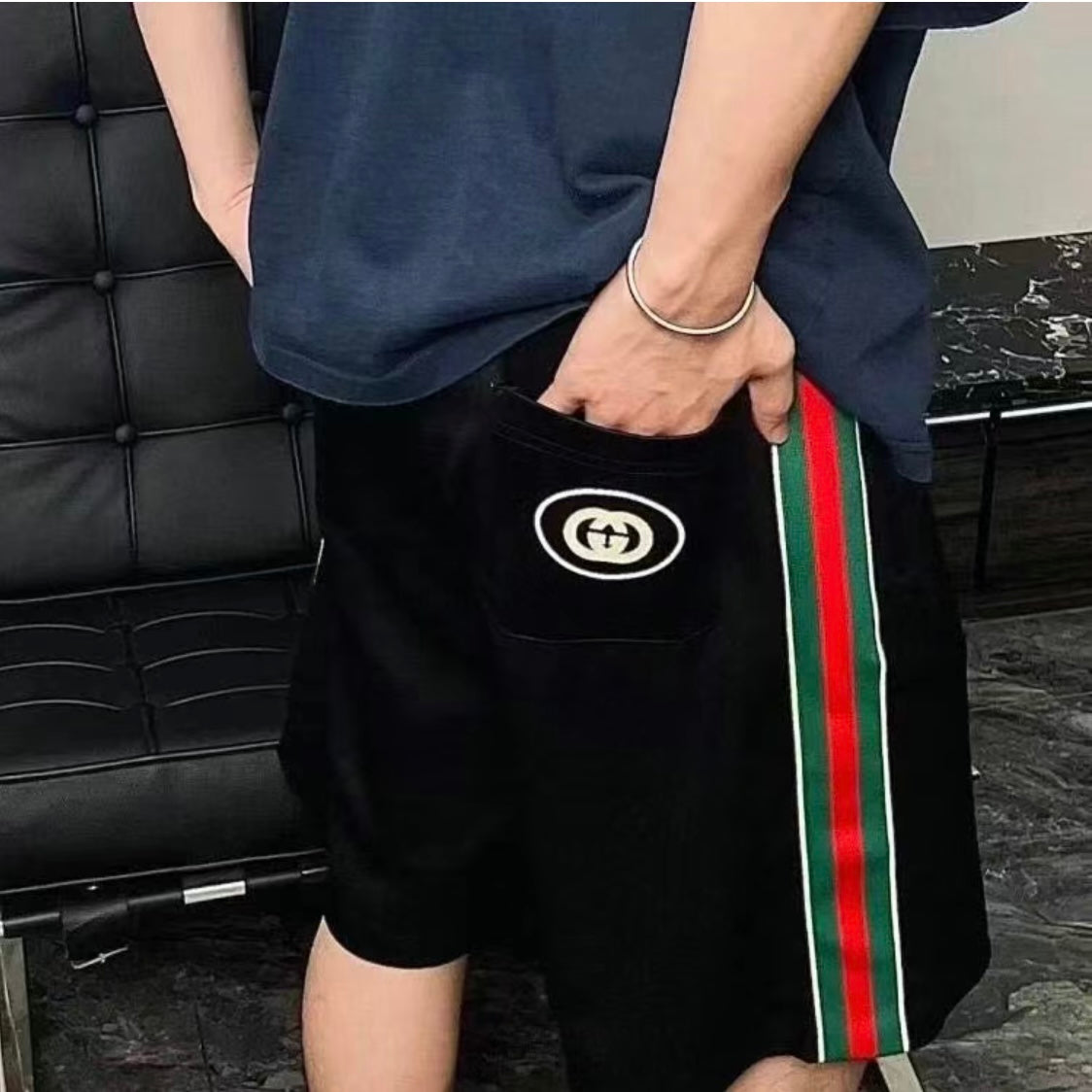 Classic red and green webbing pockets Double G embossed shorts