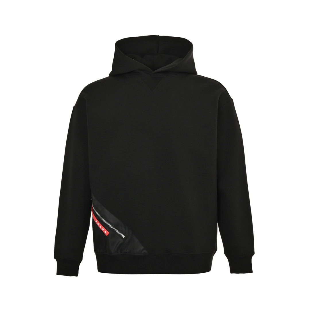 Red stripe zipper pocket hooded sweatshirt