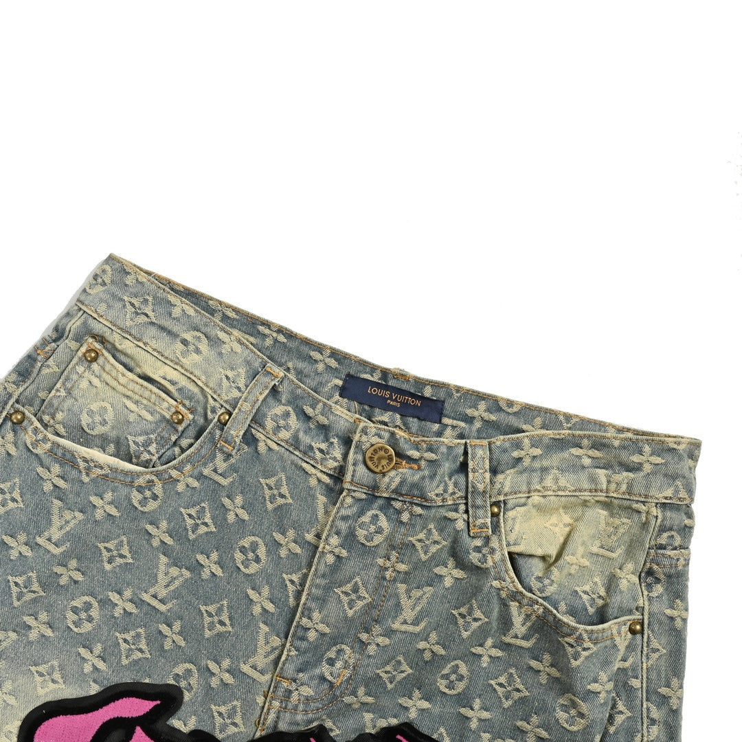 Gradient Flocked Alphabet Aged Jeans