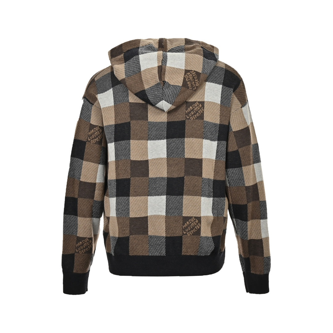 Checkerboard jacquard knit hooded sweatshirt