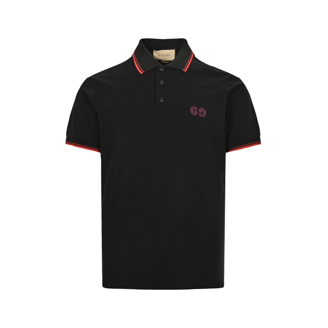 Embroidered black and red striped short sleeves