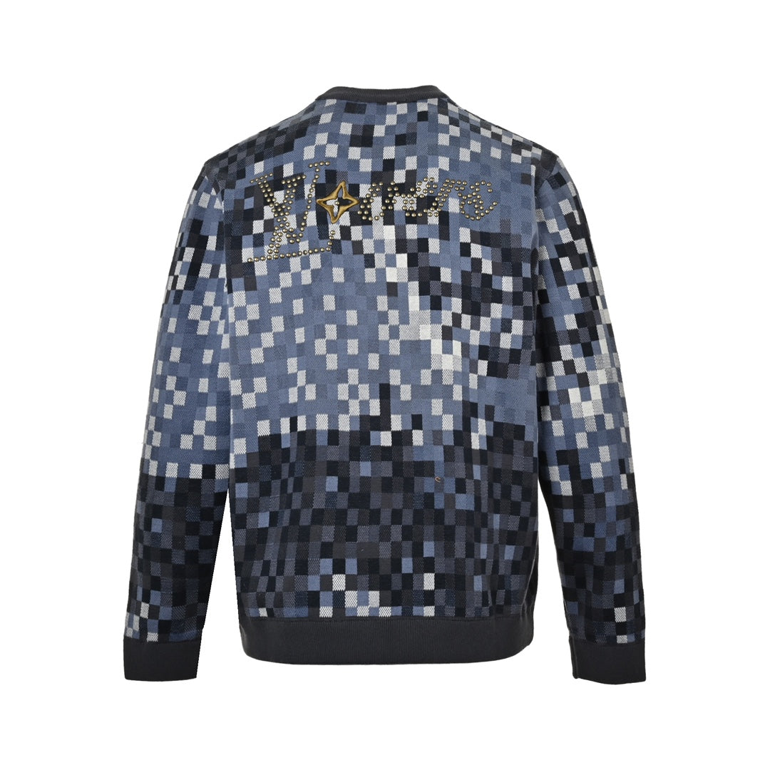 Jacquard Camouflage Mosaic Studded Letter Sweater