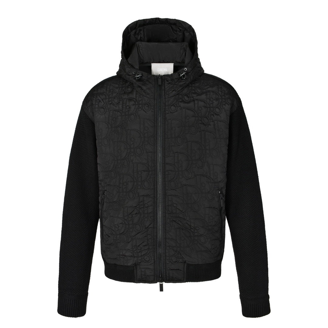 Quilted monogram knitted patchwork hooded padded jacket