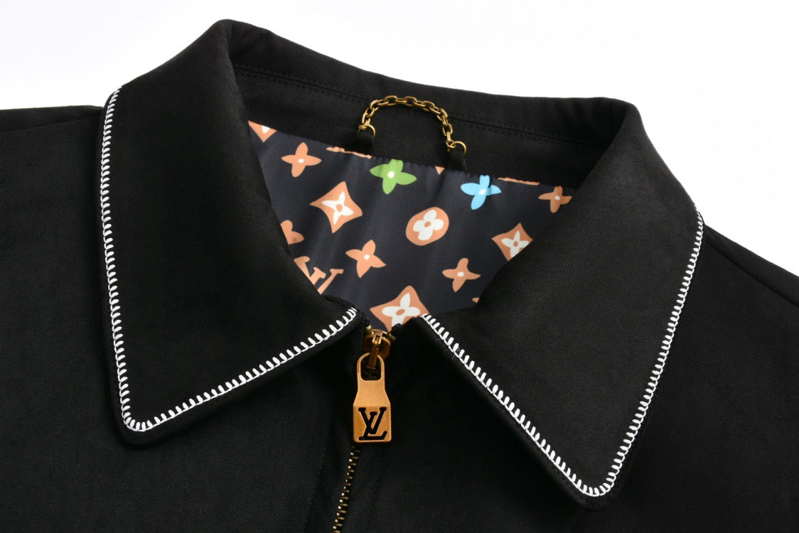 Embroidered stitched suede bomber jacket