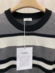 Double CC logo embroidered striped knitted pullover sweater