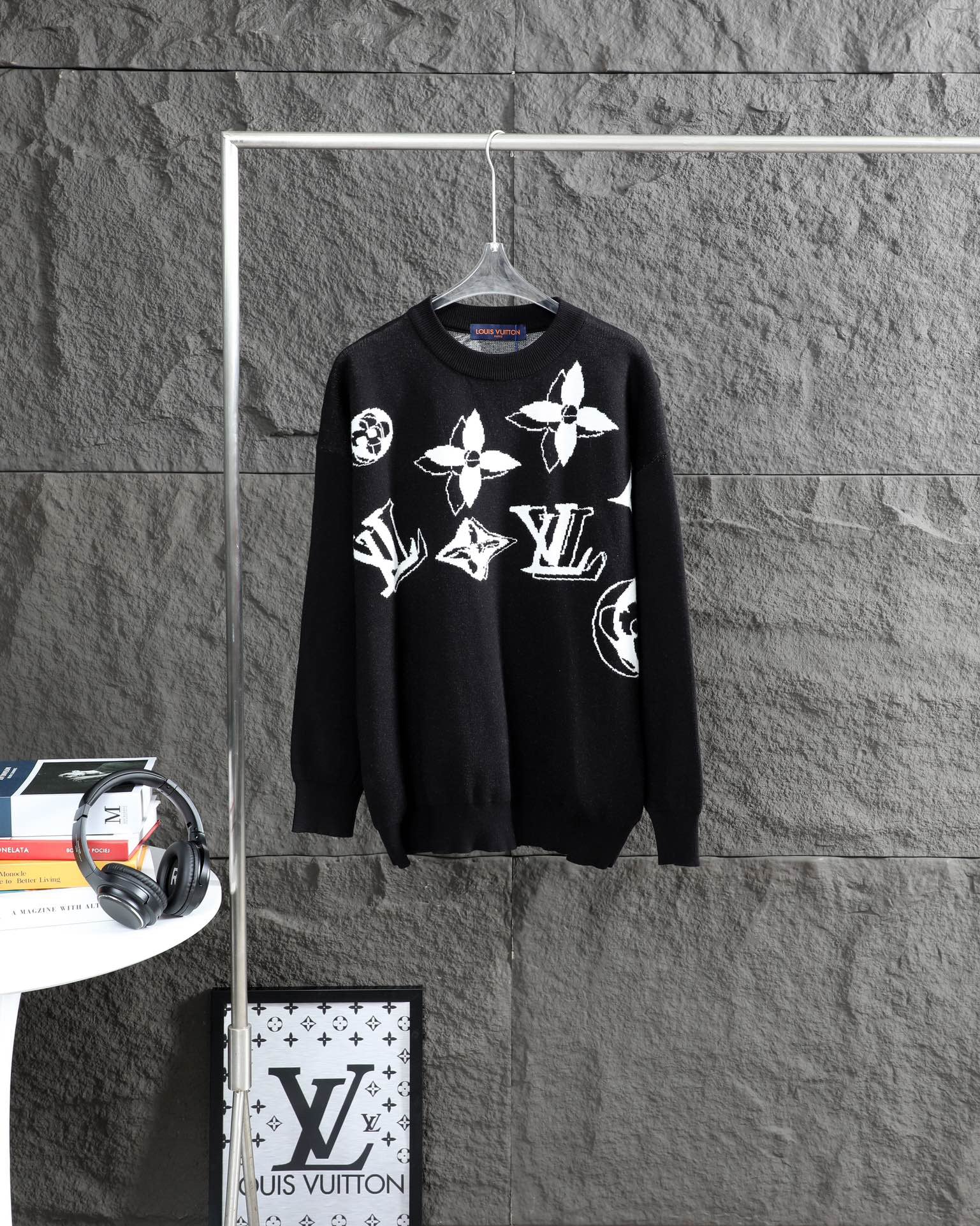 L jacquard all-over casual crew neck sweater