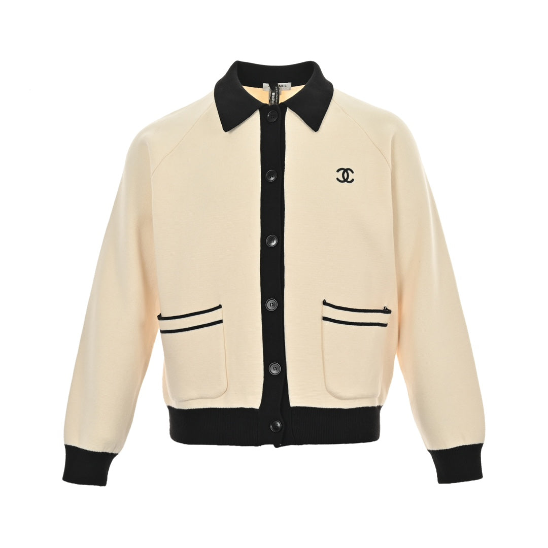 logo lapel contrast knitted sweater jacket